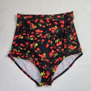 Cocoship High Waisted Black With Cherries Swim Bottoms Women's Size L